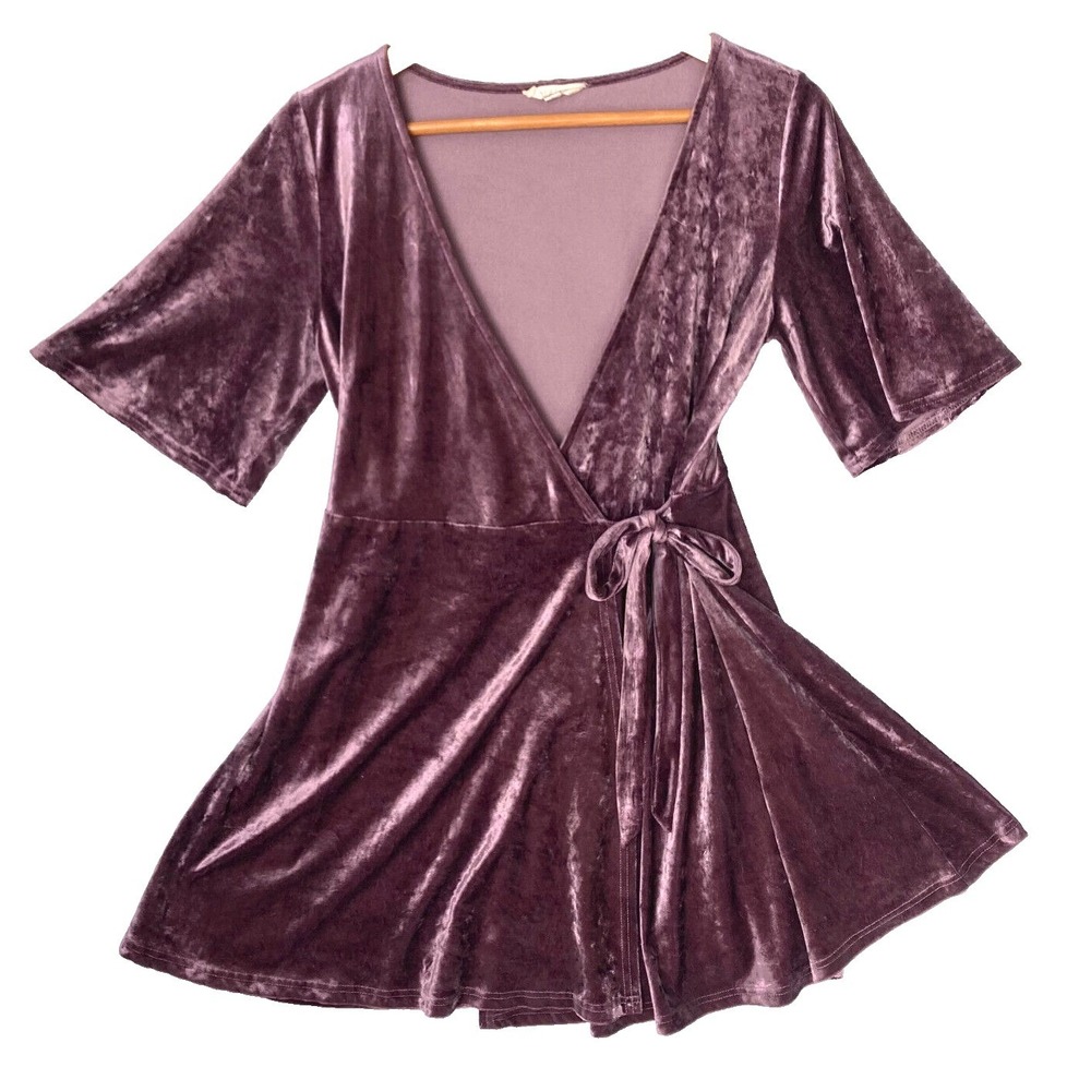ILLA ILLA Velvet True Wrap Dress Women L M Slit Romantic Half Sleeve Plum Velour